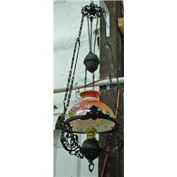 Hanging Iron Oil Lamp With Hand Painted Glass Shade