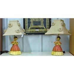 Pair Of Chalkware Colonial Girl Dresser Lamps With Flower Shades