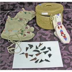 Native American Style Moccasins, Basket, Belt And Arrowheads