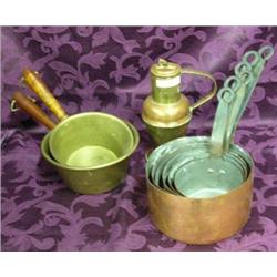 Six Copper Sauce pans, 2 Brass Sauce pans And Pitcher