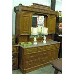 Early Spoon Carved 1900's Dresser With Marble Top, Mirror And Upper Cabinet Doors