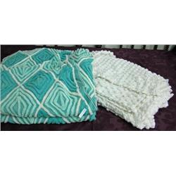 Two Chenille Spreads - Aqua And White And White With Dots