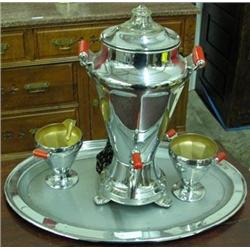 Deco Chrome Coffee Set With Red Bakelite Handles - Pot, Cream And Sugar And Tray