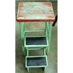 Painted Primitive Wooden Stool With Flip Down Steps
