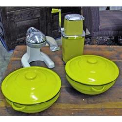 Lot Of 2 Yellow Enamelware Covered Bowls, Yellow Ice Crusher And White Juicer