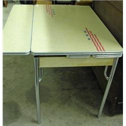 1950's Chrome And Formica Table With Pull Out Leaves - Off White With Red And Blue Decor