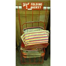 3 Vintage Metal And Cloth Folding Shopping Baskets With Metal Stand