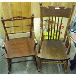 Two Child's Rockers - Painted Dowel Back And Oak Spindle Back With Arms