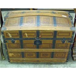 Dome Top Trunk With Stamped Paper Exterior, Oak Straps And Original Lift Out Tray With Covered Box