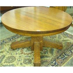 Arts And Crafts Style Round Oak Pedestal Table, 48 Inches With Six 8 Inch Leaves