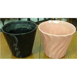 Two Bauer Planters, Pink And Black, 9 1/2 Inches Tall