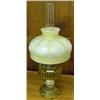 Image 1 : Amber Glass Oil Lamp With Shade And Tall Aladdin Chimney ( Has Been Electrified)