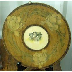 Round Folk Art Frame With Print Of 3 Black Children, Dated 1902