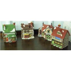 Four Dickens Village Pieces - T Wells Fruit And Spice, Golden Swan Baker, Booter & Cobbler And Crown