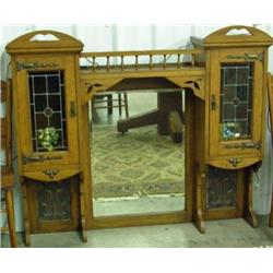 Upper Portion To Oak Buffet, Hammered Copper Nouveau Panels, 2 Leaded Glass Doors, Beveled Mirror - 