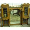 Image 1 : Upper Portion To Oak Buffet, Hammered Copper Nouveau Panels, 2 Leaded Glass Doors, Beveled Mirror - 