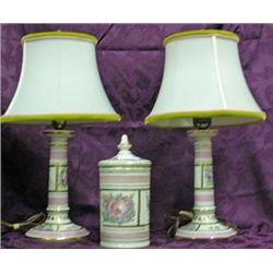 Two Porcelain Lamps With Matching Covered Dresser Jar