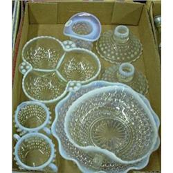 Lot Of 8 Moonstone Items - Pair Of Candleholders, Ruffled Bowl, Nappie, Cream And Sugar, Divided Dis