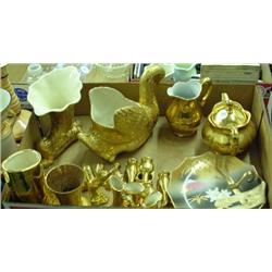 Lot Of Gold Porcelain Items - Bavarian Cream And Sugar, Weeping Bright Swan Vase, Boot Vase, Etc.