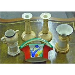 Five Czech Porcelain Items - Lustre Candle Holders And 2 Vases And A Hand Painted Basket