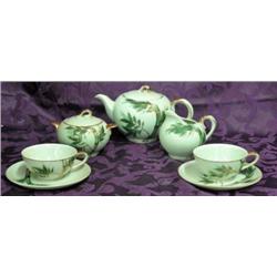 Celadon Tea Set In Bamboo Pattern - Teapot, Cream And Sugar, 2 Cups And Saucers