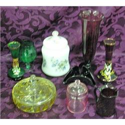 Misc. Glass - Covered Candy Dish, Ruby Vase, Satin Covered Jar, Hand Painted Bud Vases, Etc.