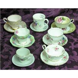 Seven Cup And Saucer Sets Plus 3 Miniature Plates - Royal Halsey Lustre, Tuscan, Etc.