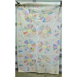 Vintage Quilt - Dresden Plate On Muslin, Hand Quilted