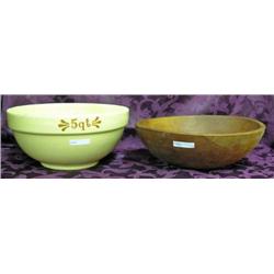 5 Quart Crock Bowl And Wooden Bowl