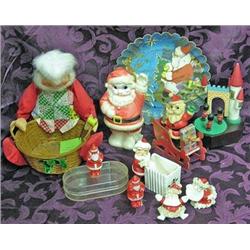 Vintage Christmas: Annalee Santa Basket, Rubber Santa Figures, Santa And Mrs. Claus Salt & Pepper, G