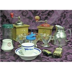 Lot Of Vintage Kitchenware - 2 Coffee Grinders, Sugar Jars, Creamer, Sugar, Etc.