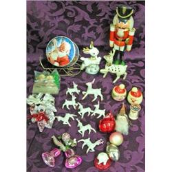 Vintage Christmas: Celluloid Reindeer, Old Corsages, Plastic Santa And Mrs. Claus Salt & Pepper, Etc