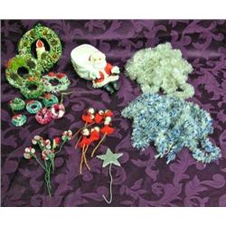 Vintage Christmas Items: Old Garland, Bottle Brush Wreaths, Elf And Pine Cone Gift Wrap Picks, Etc.
