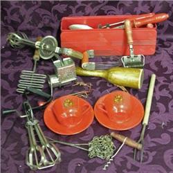 Vintage Kitchenware: Red Handled Utensils, Plastic Cup Wall Pockets, Etc.