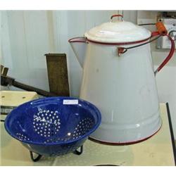 2 Graniteware Pieces - Blue Colander And Large Red And White Coffee Pot