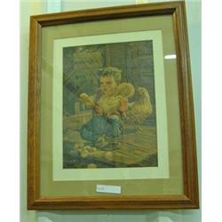 Framed Embossed Print Of A Boy Gathering Eggs