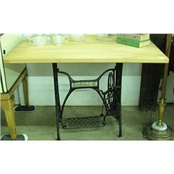 Butcher Block Table Top On Singer Iron Treadle Machine Base, 42 X 30 Inches
