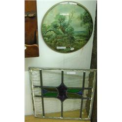 14 Inch Square Leaded Glass Panel And Round Framed Print Under Convex Glass ( Flue Cover?)