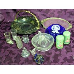 Box Lot: Silver Overlay Perfume, Shirley Temple Bowl, Glass Reamer, Dresser Plateau, Bird Paper Weig