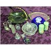 Image 1 : Box Lot: Silver Overlay Perfume, Shirley Temple Bowl, Glass Reamer, Dresser Plateau, Bird Paper Weig