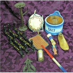 Lot Of Vintage Items - Blue / White Salt Cellar, Metal Candlestand, Accordion Wall Rack, Etc.