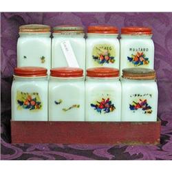 Vintage Spice Set - 8 Milk Glass Jars With Red Lids And Metal Rack