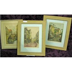 Six Framed Pieces - Beautiful Scenic Etchings And Watercolor Prints