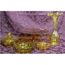 Six Pieces Amber Glass - Cake Plateau, Candy Dish, Vase, Etc.