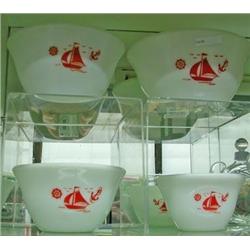 Set Of Four Nesting Bowls By McKee, Milk Glass With Red Sailboats
