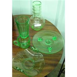 Green Depression Tumble Up, 3 Footed Plate, Nappie, Cup And Glass