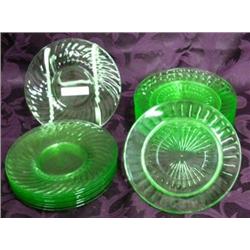 Eight Green Depression Saucers And Six 6 1/4 Inch Plates