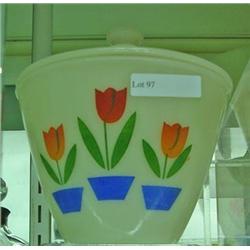 Covered Grease Jar, Tulips On Ivory By Fire King