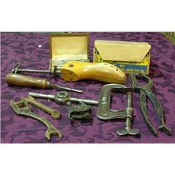 Lot Of Tools - Expanding Wooden Shoe Last, Iron Clamp, Saw Rite Jr. Attachment, Wrenches, Etc.