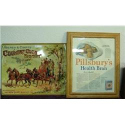 2 Advertising Items - Repro Holmes And Coutts Country Club Biscuit Metal Sign And Framed 1923 Ad For
